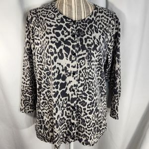 Evan-Picone Off-White Grey Black Animal Print Silk Button Cardigan Plus Size 1X